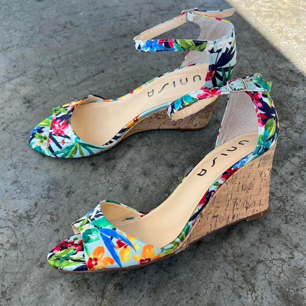 Unisa Tropical Floral Print Cork Wedge Sandals Ankle Strap Blue Multi Size 9M